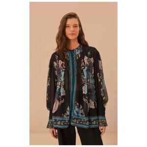 Farm Rio Blossom Black Bee Tapestry Smocked Blouse Size Medium